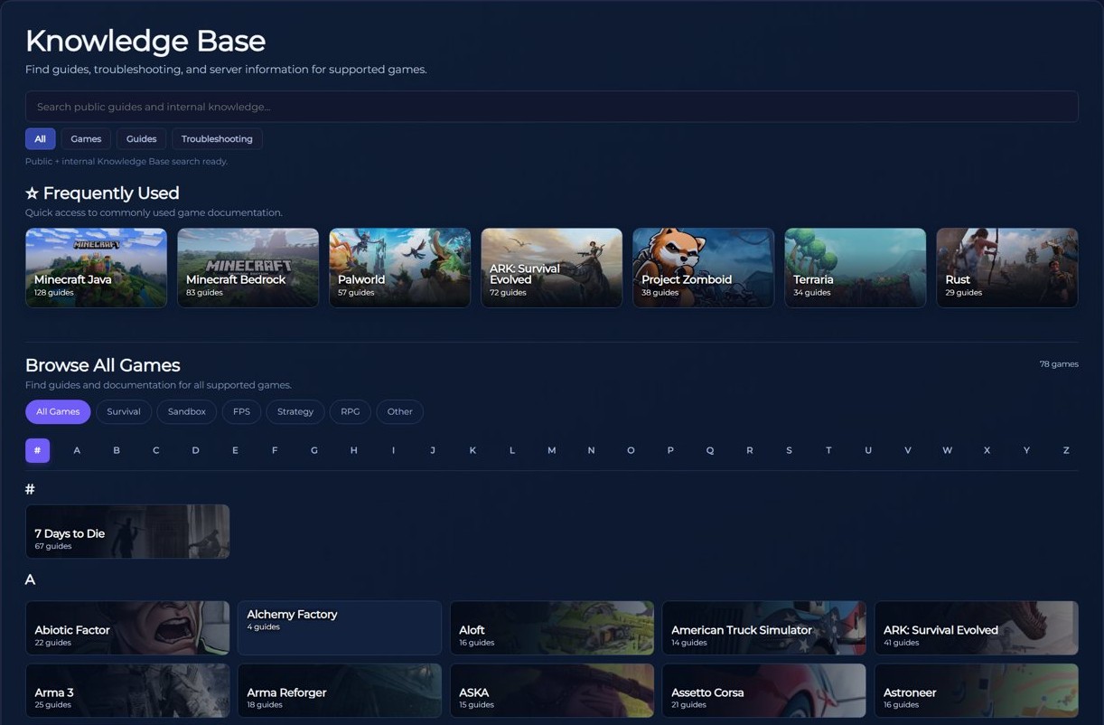 Knowledge Base: search, frequently used games and an A to Z browse