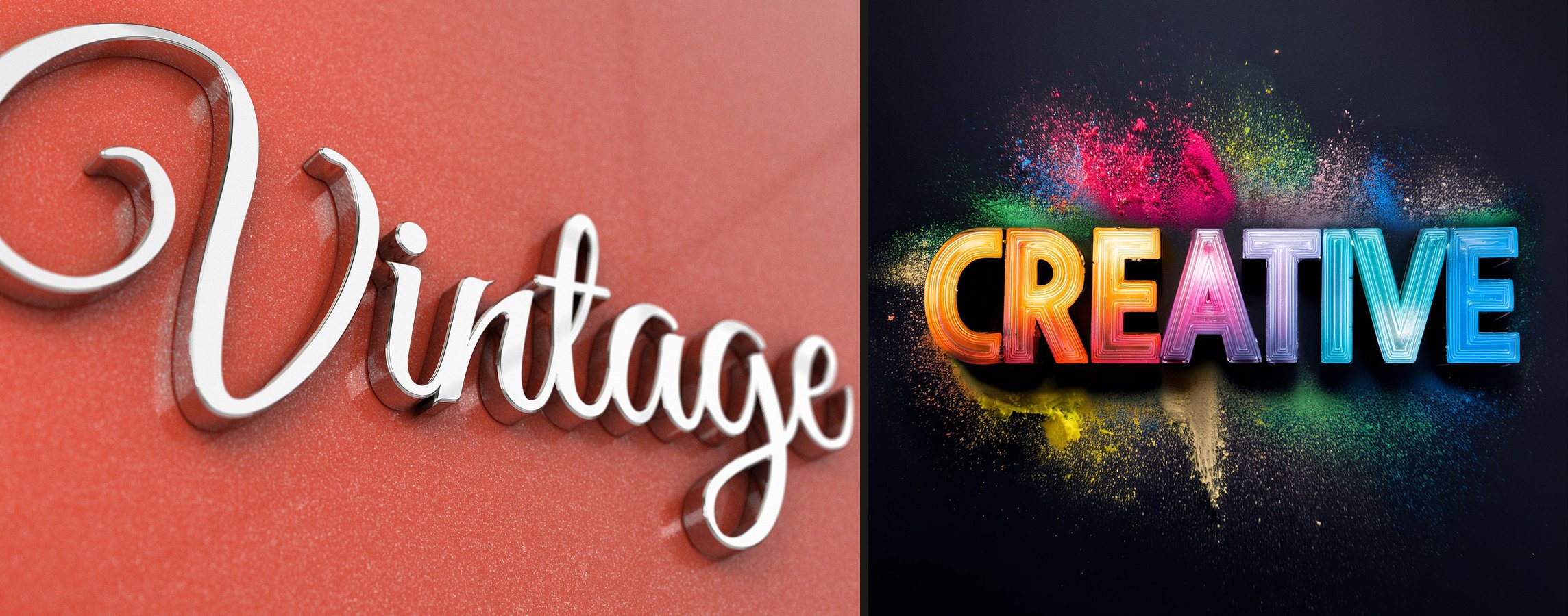 AI-generated type studies: a chrome Vintage script and Creative in a burst of color