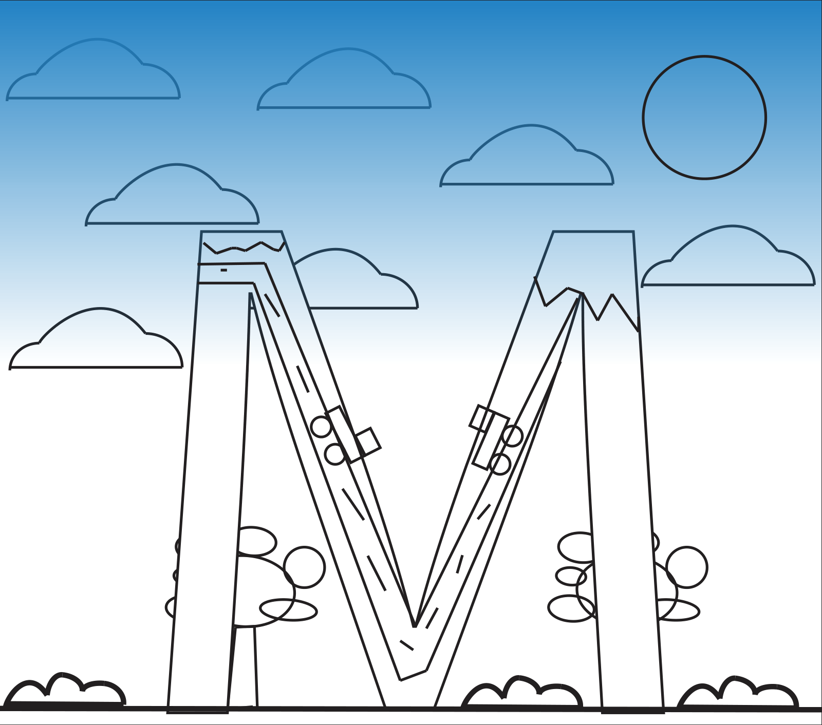 Letter M drawn as two mountains