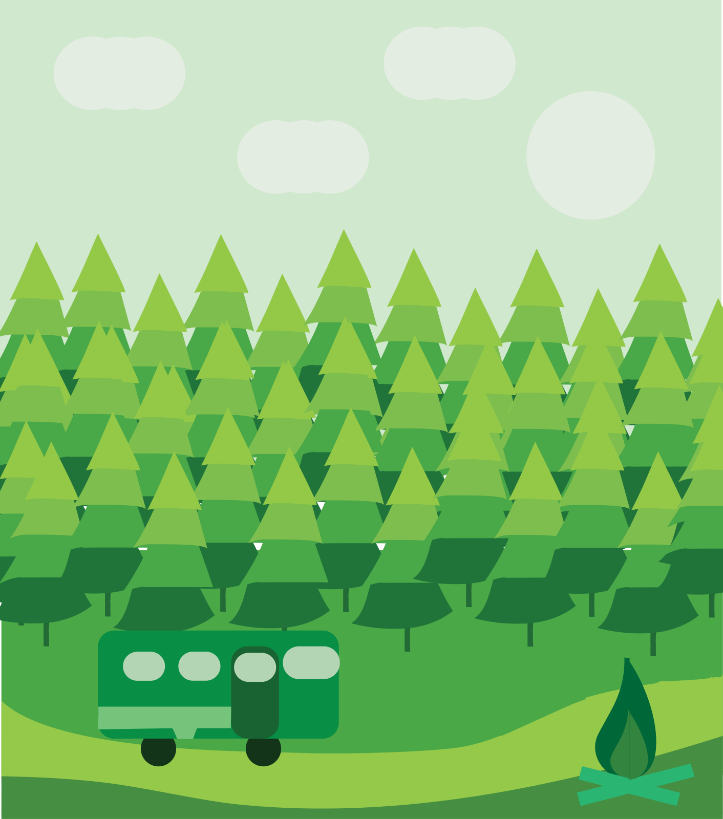 Flat vector forest scene with camper and campfire